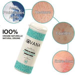poudre de douche aux probiotique actifs iovana montrant les bienfaits sur la peau